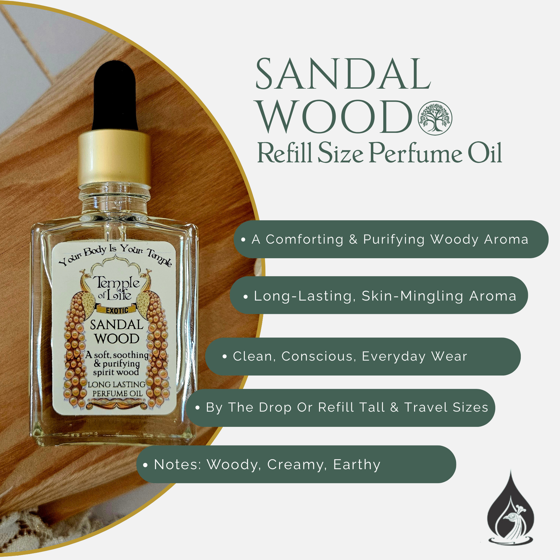 Sandalwood | Exotic Perfume Oil Refill | Clean Woody Scent