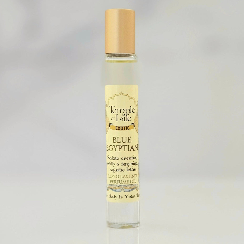 Perfume oil bottle labeled 'Blue Egyptian' by Temple of Life on a gray background