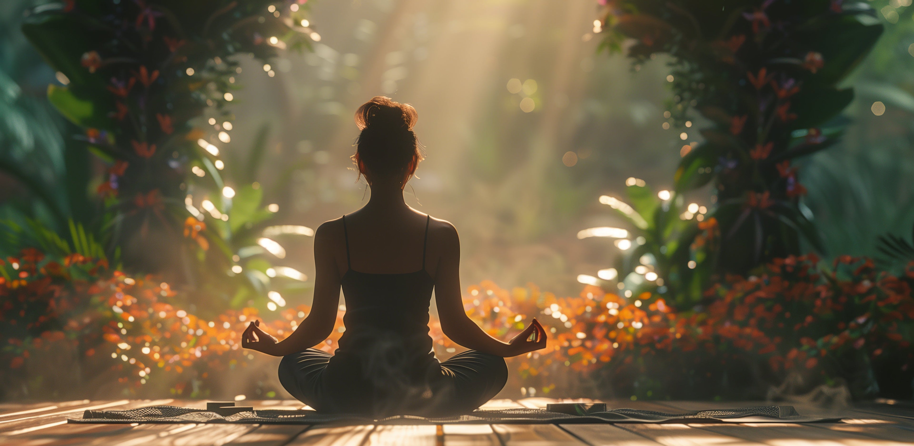 Person meditating in a serene forest setting with sunlight filtering through the trees.