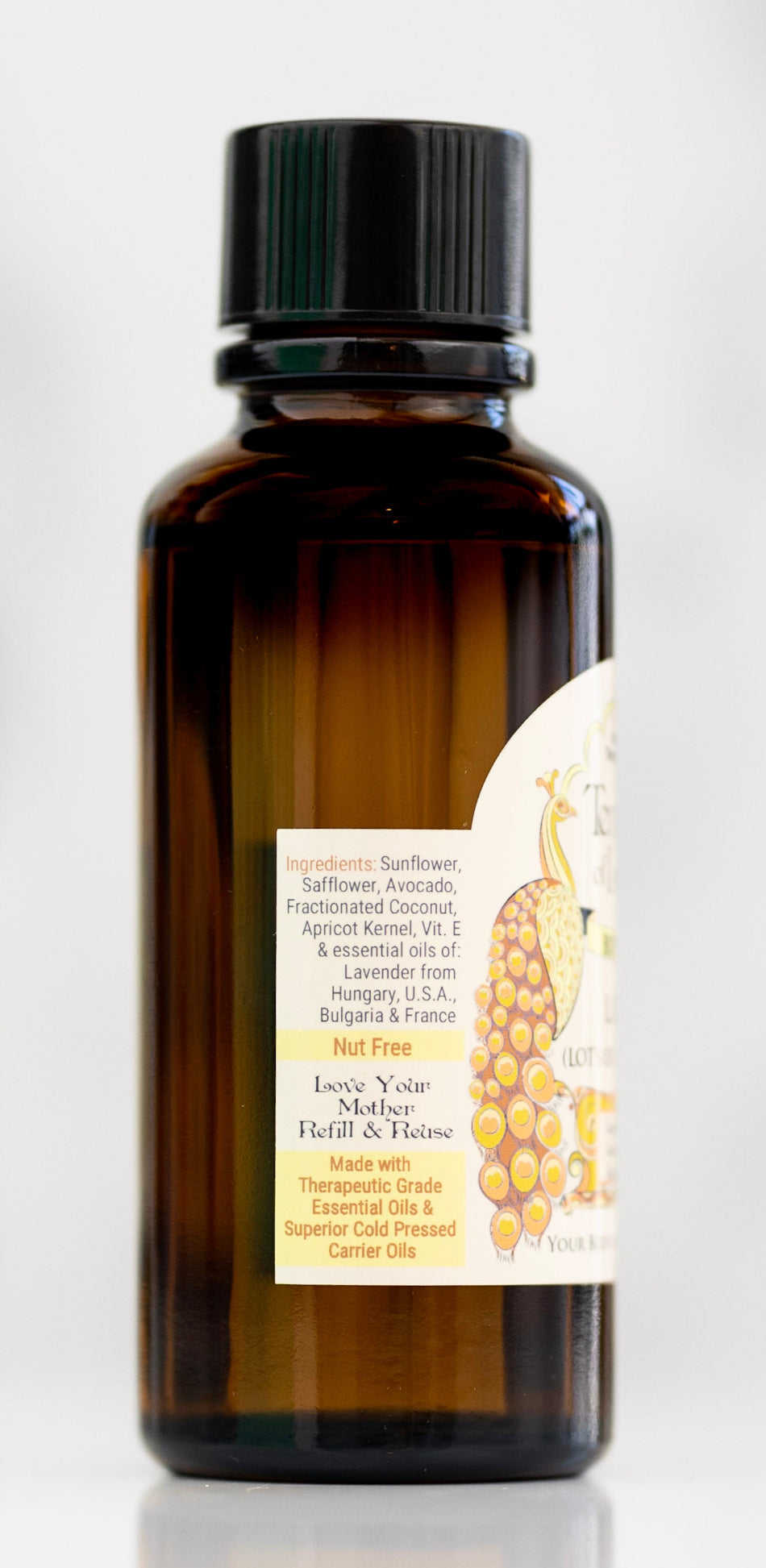 Bottle of Lavender relaxing massage oil with all-natural ingredient label