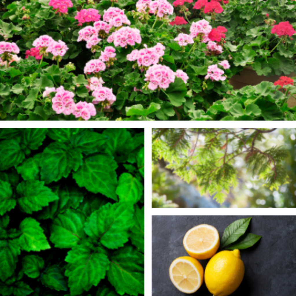 Collage of geranium, patchouli leaves, cedar, and lemons representing ingredients of Earth Friendly essential oil blend.