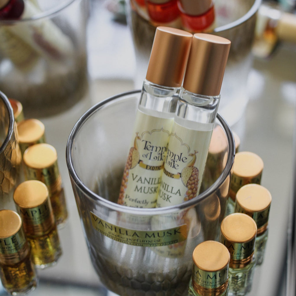 Store display of Vanilla Musk Exotic Perfume Oil made by Temple of Life.