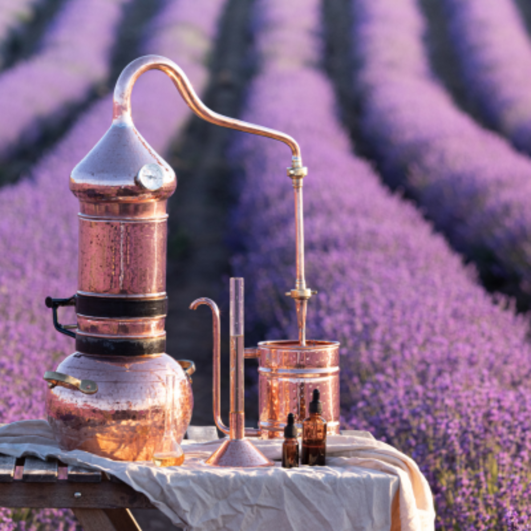 Copper still and glass container on a table with lavender field in the background