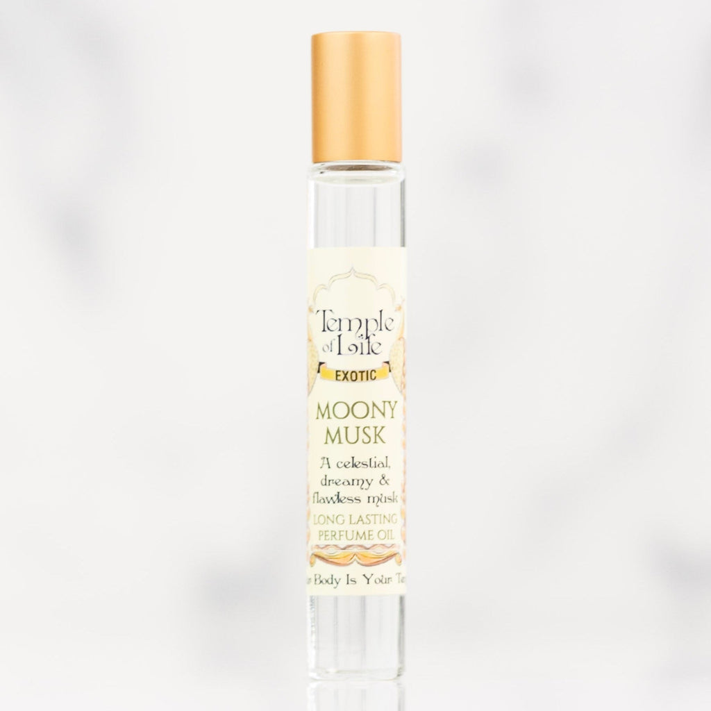 Perfume bottle labeled 'Temple of Life Moony Musk' on a light gray background