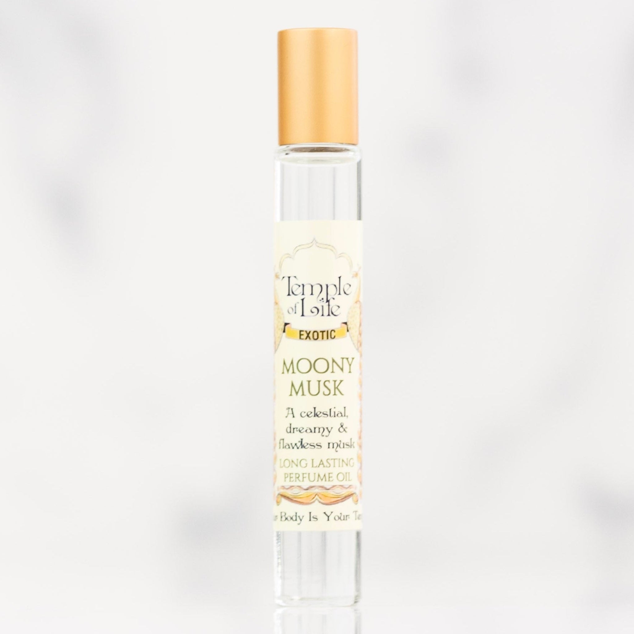 Perfume bottle labeled 'Temple of Life Moony Musk' on a light gray background
