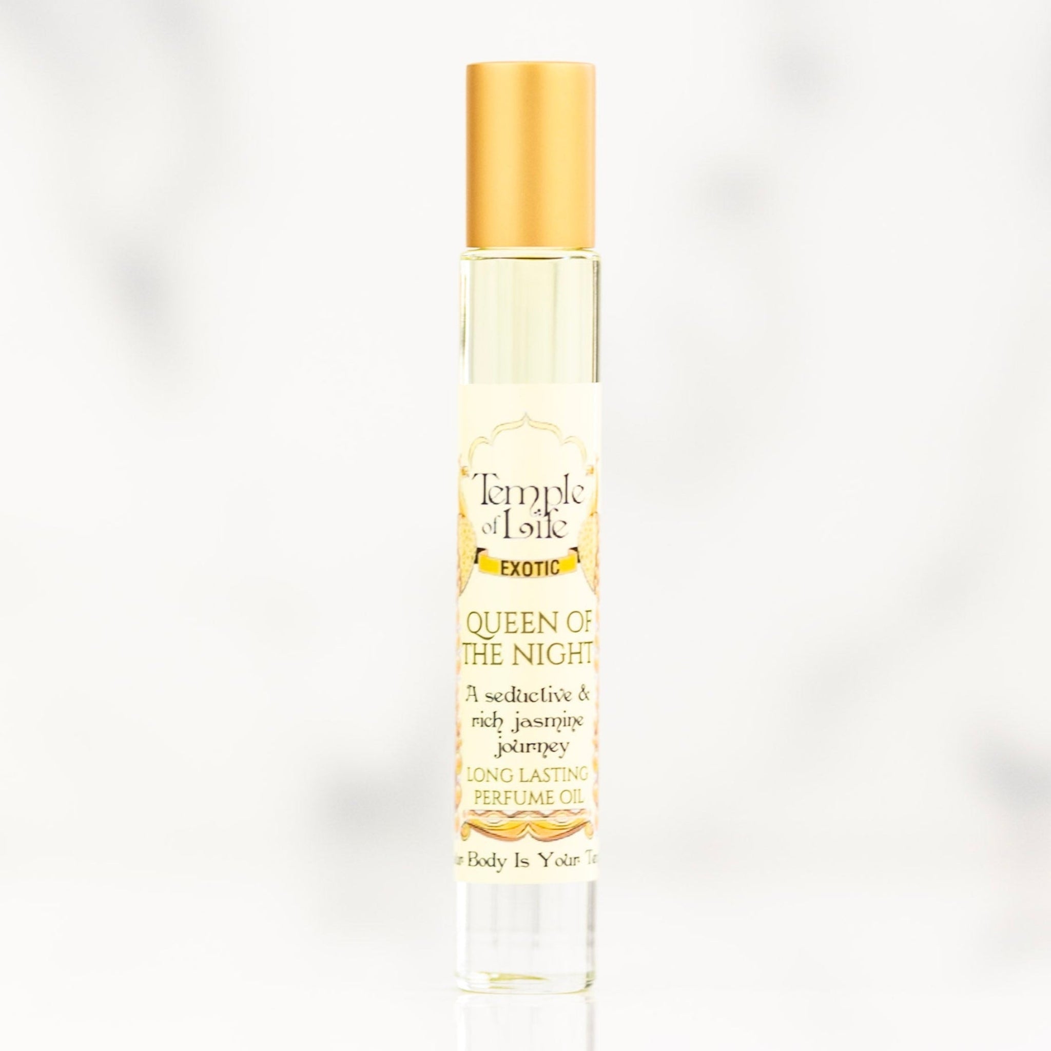 Pure jasmine oil labeled 'Queen of the Night'.