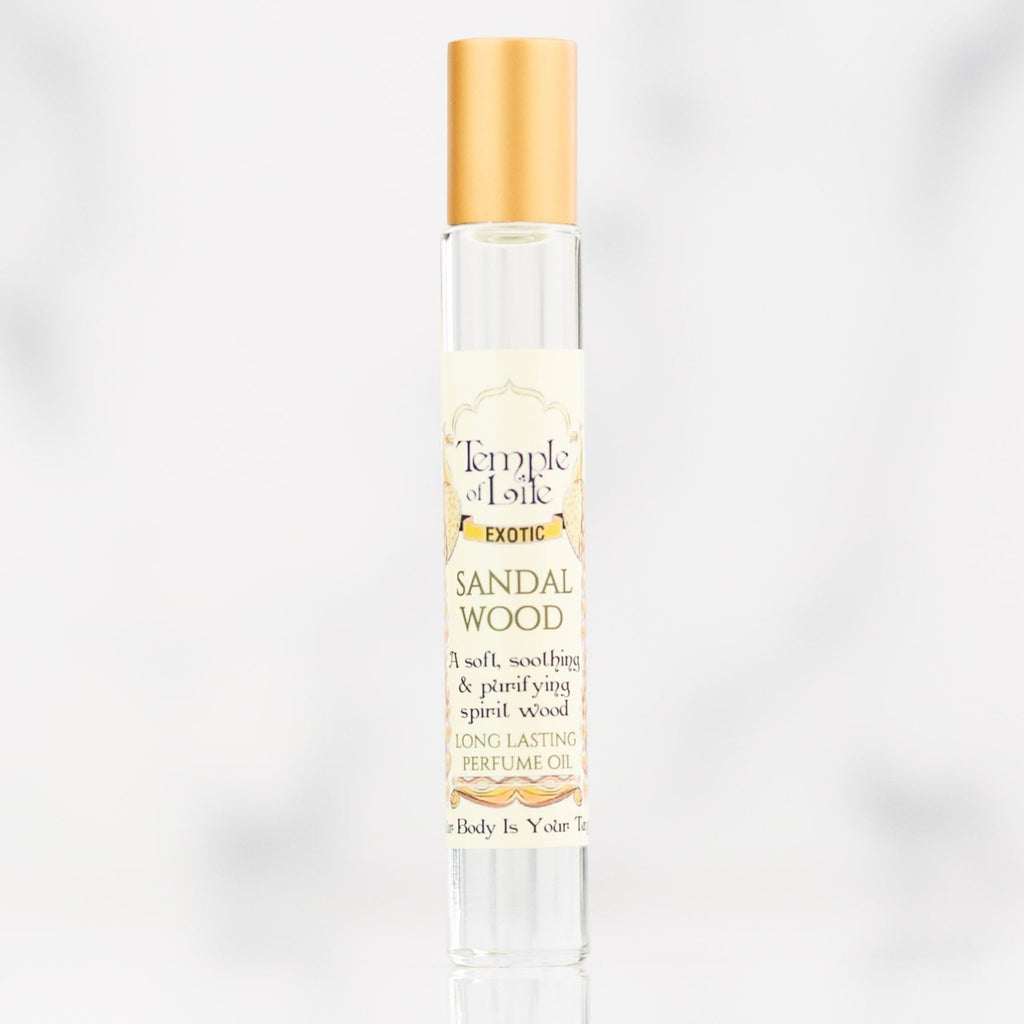 Roll-on bottle of pure sandalwood perfume oil by Temple of Life Oils.