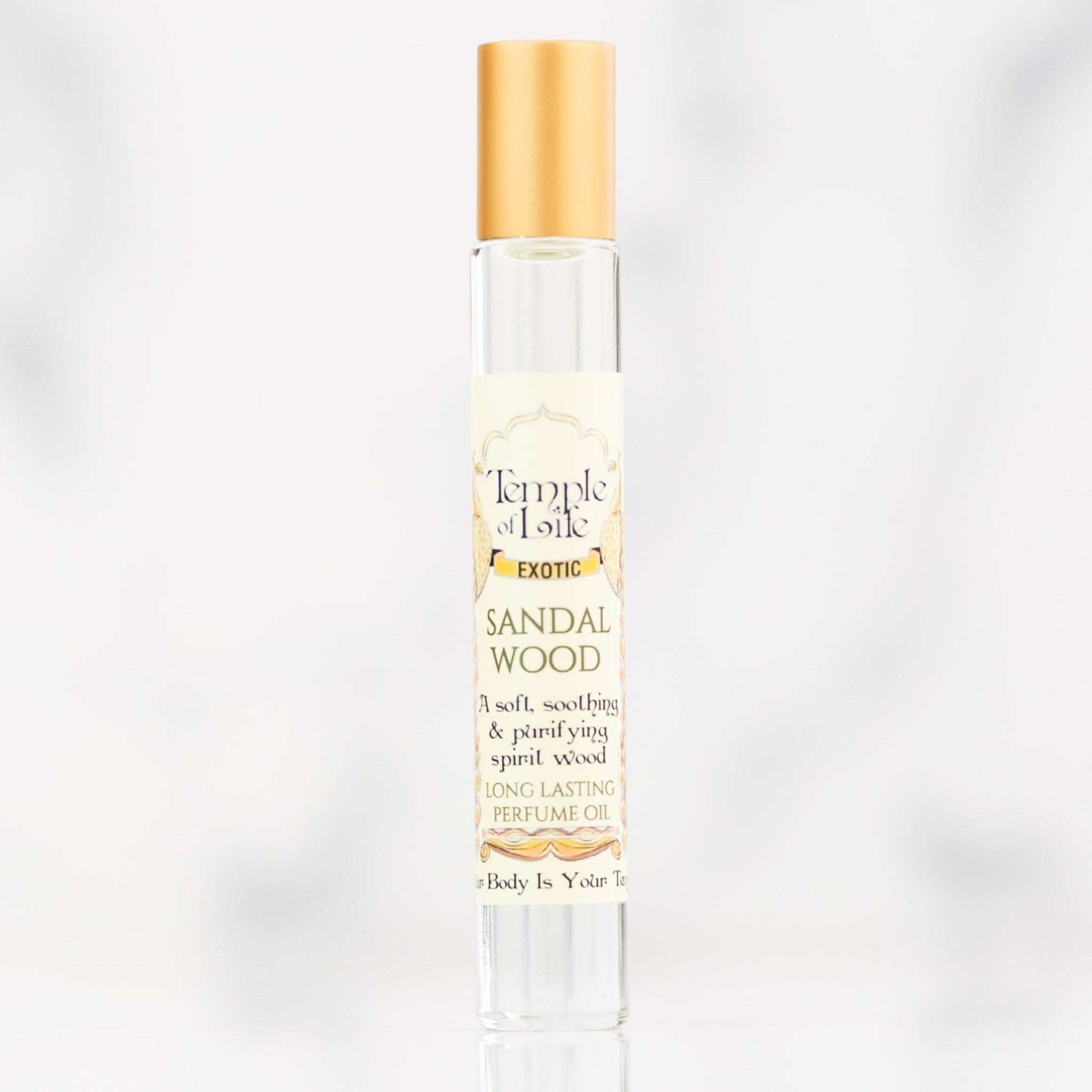 Roll-on bottle of pure sandalwood perfume oil by Temple of Life Oils.