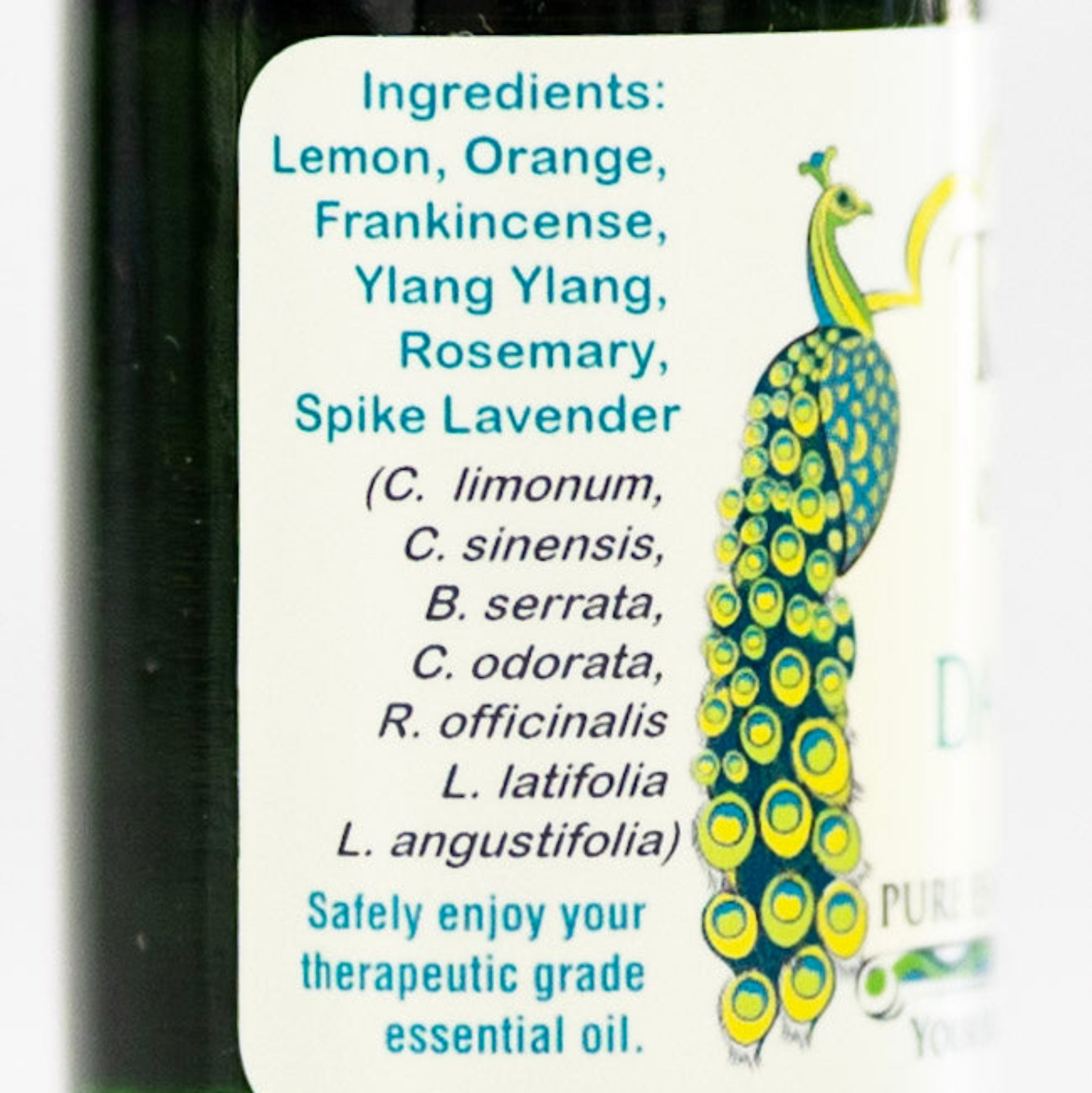 Bottle label with Daily Om essential oil ingredients used for meditation and balance