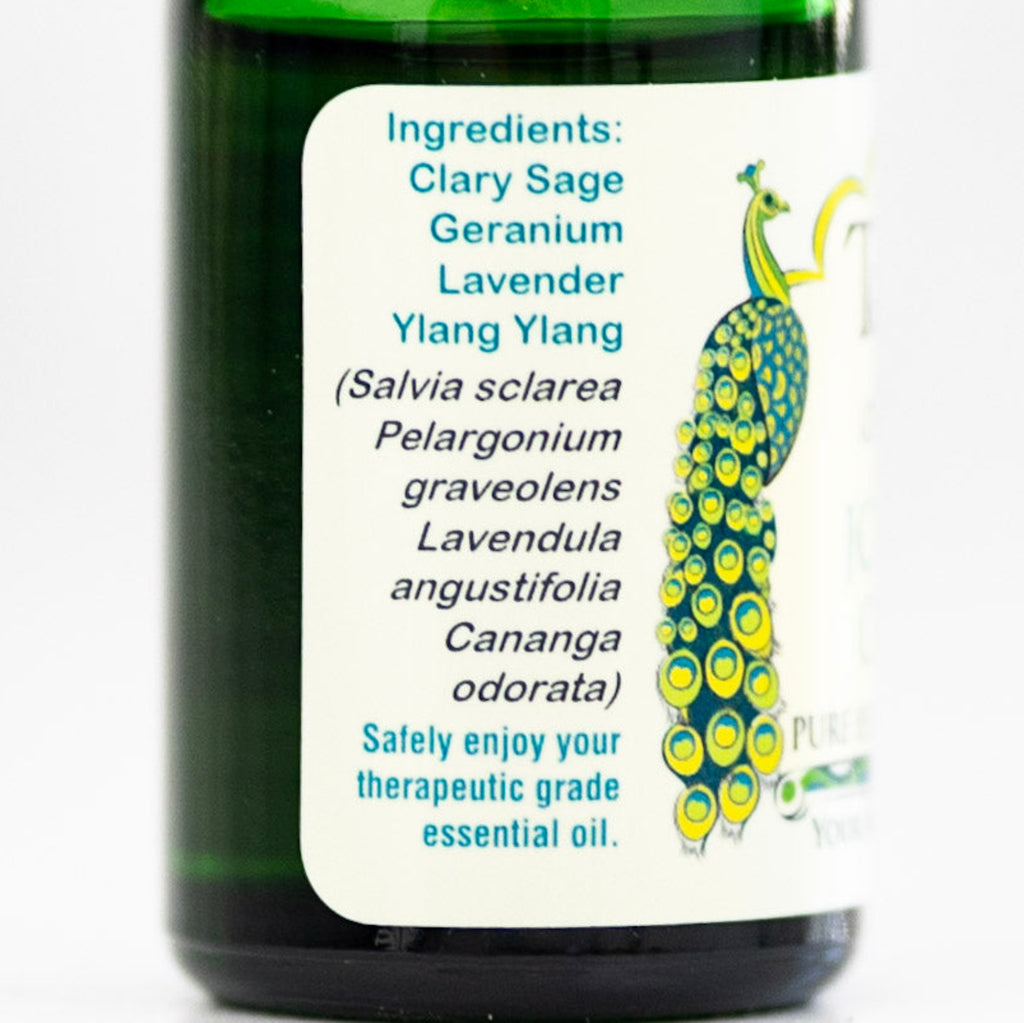 Bottle label with ingredients of Journey of Life' essential oil blend for women.