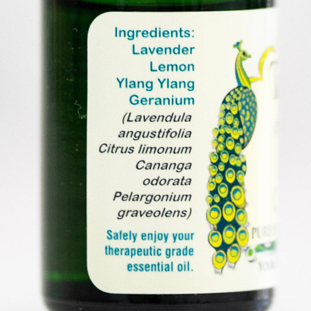Bottle label with list of ingredients for Love Candy sensual aromatherapy blend for Valentine's Day.