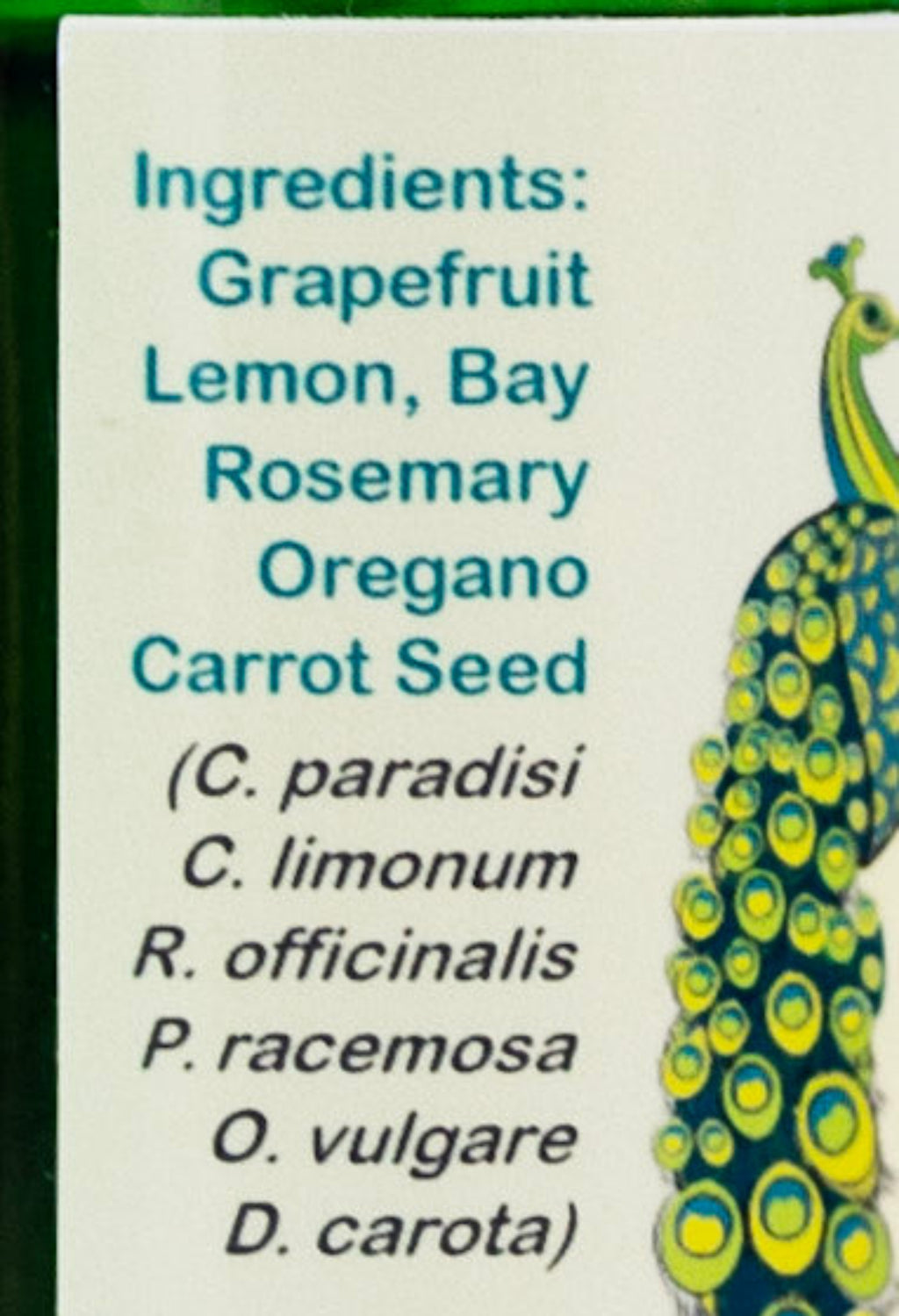 Label with ingredients list of Lymph Flow wellness essential oil blend.