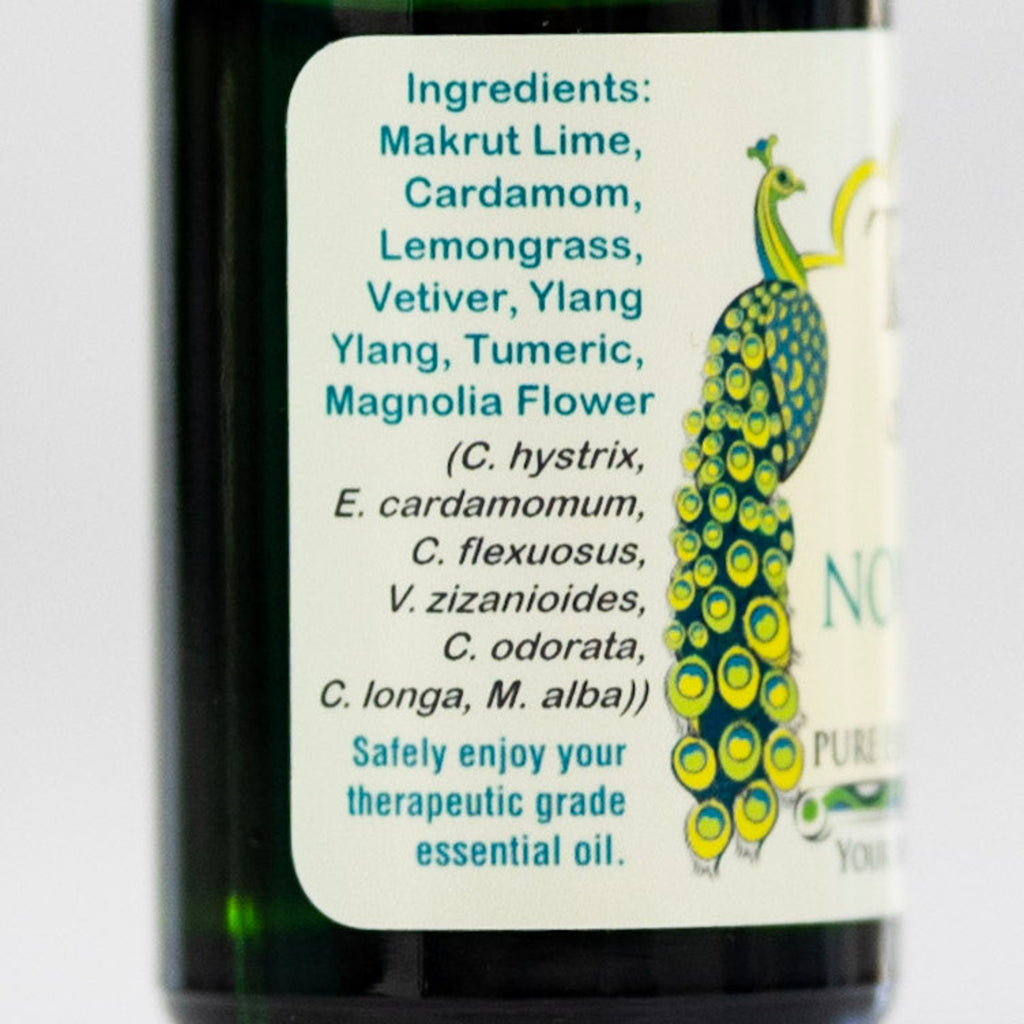 Bottle label with ingredients of Now & Zen essential oil blend for yoga.