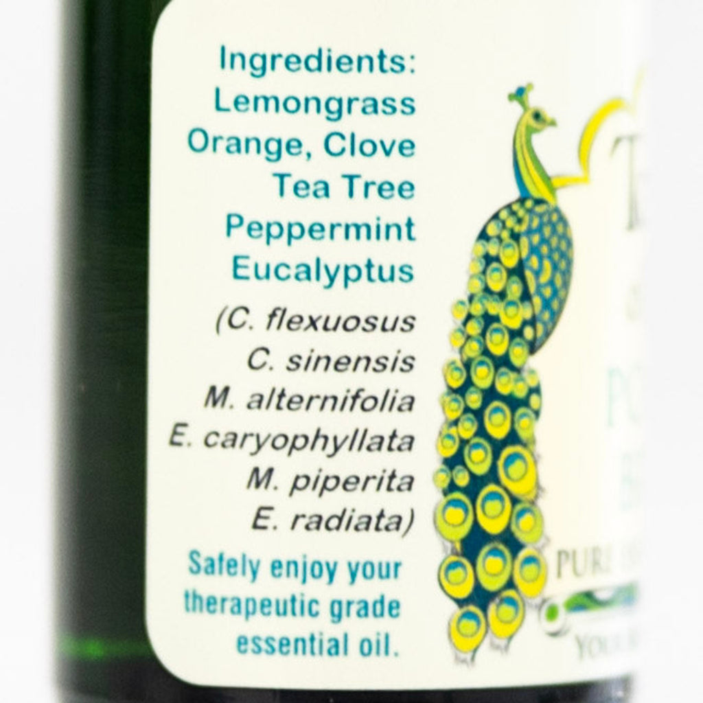 Bottle of essential oil ingredients for Positive Breath essential oil blend used for breathing and seasonal wellness.