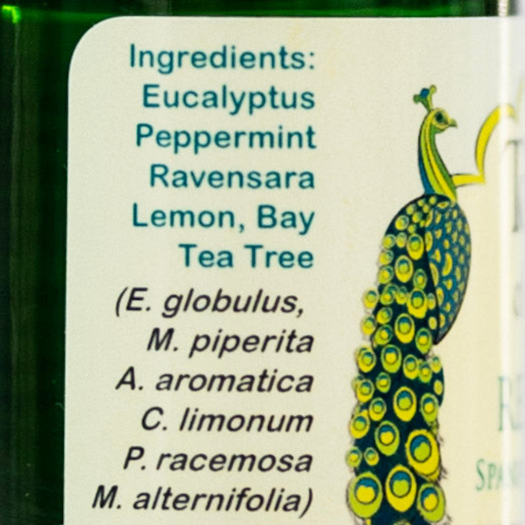 Bottle label with ingredients of Respirar essential oil blend used for breathing and winter wellness.