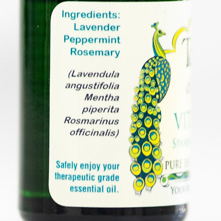 Ingredient label for Vitalidad essential oil blend for energy and headaches.